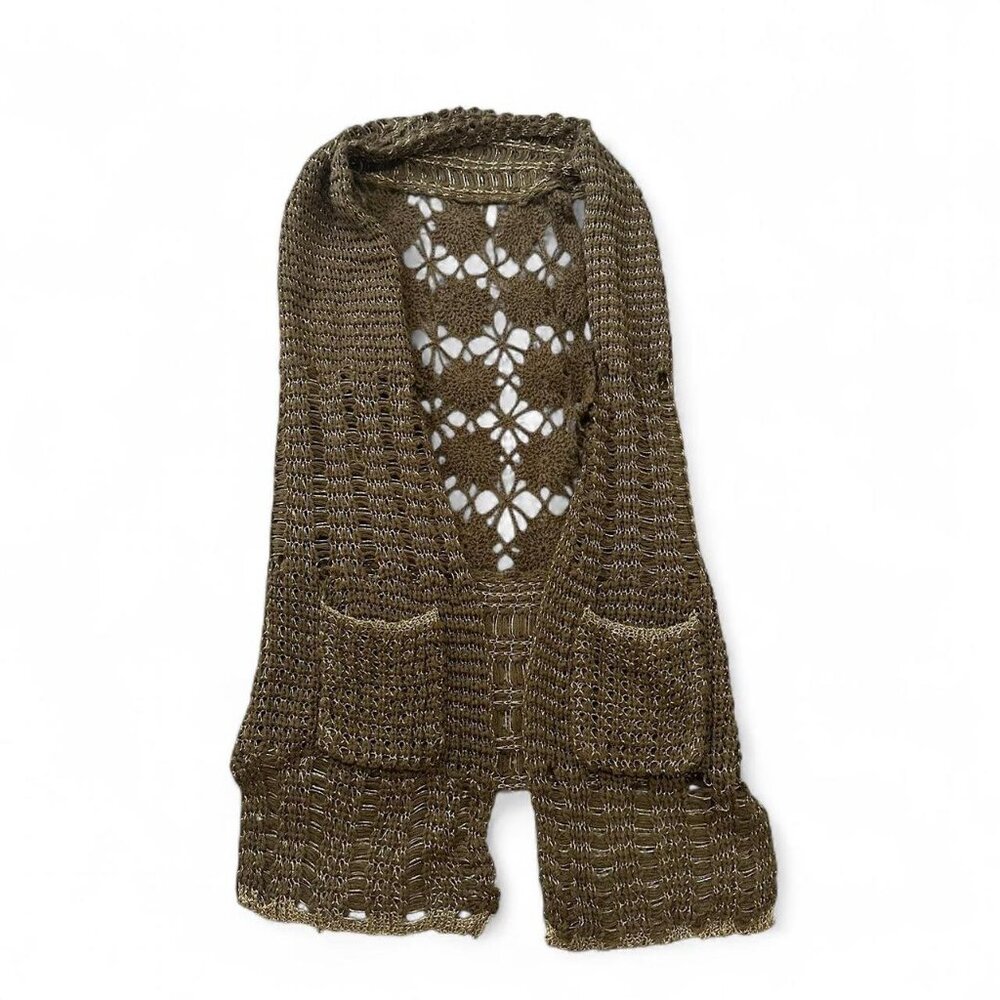 Brown and gold sparkle crochet bolero cardigan with floral pattern and pockets